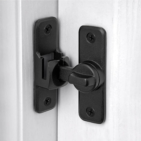 Matte Black 90 And 180 Degree Barn Door Latch Lock installed on a white door, zinc alloy flip latch, right angle security lock.