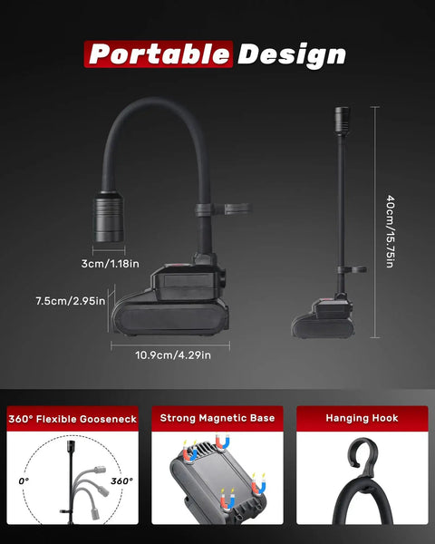 Magnetic Gooseneck Work Light With 4400mAh Rechargeable Battery, 1000 Lumen LED Light, 3 modes, dimensions, hanging hook, black design.