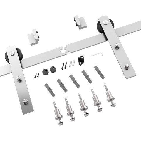 Six Feet Brushed Nickel Sliding Barn Door Hardware Kit For 36 Inch Door With Smooth Quiet Track System shown with components.