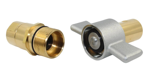 Brass 3/4 in NPT hydraulic quick-disconnect male fitting with O-ring and silver wing-coupler for live bed dump trailers