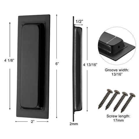 Recessed Pocket Door Pulls 6 Inch Black Stainless Steel Flush Pull Handles For Sliding Doors And Closets, dimensions and screws shown
