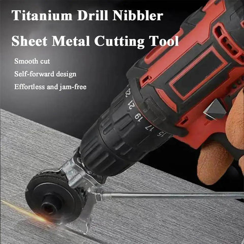 Drill Nibbler Sheet Metal Cutting Tool With Adapter attached to drill, cutting metal for burr-free, smooth edges