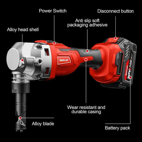 Cordless Metal Nibbler 16 Gauge Cutter with 360 Degree Rotating Blade and 1900 RPM Brushless Motor, showing components and battery