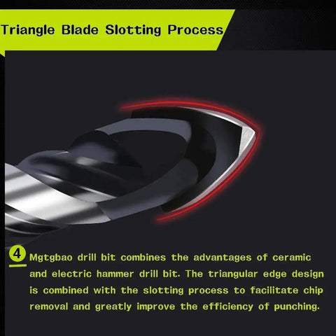 Close-up of ceramic tile drill bit with triangle blade slotting, focusing on the tip and slotting process description.