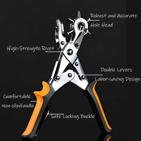 Leather Belt Hole Puncher Set With 3 Round Holes, 2 Flat Holes, And 1 Oval Hole, ergonomic handle, robust hole head, high-strength rivet.