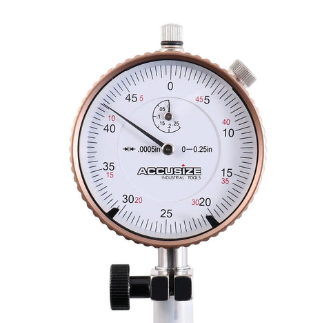 Close-up of the dial gauge face showing measurements for the Dial Bore Gauge Set 6 To 10 Inches With 0.0005 Inch Graduations And 10 Inch Stem Length Model Ee20-5010.