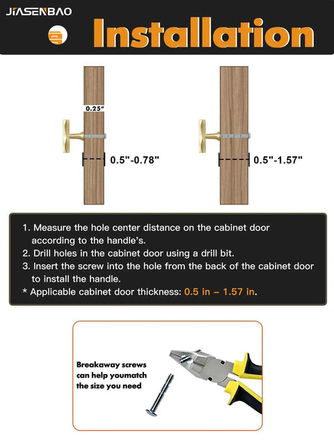 Installation guide for Brushed Gold Cabinet Knobs 10 Pack Hammered Brass Handles For Cabinets Drawers And Cupboards with screw instructions.