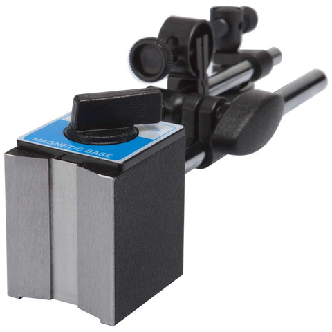 Dial Indicator With Magnetic Base Holder 0 To 1 Inch Travel And 0.001 Inch Accuracy Long Arm Fine Adjustable Gauge Pro Grade Differential Backlash Tester Heavy Duty Shock Resistant Indicator Point Set For Most American And Imported Indicators close-up with magnetic base