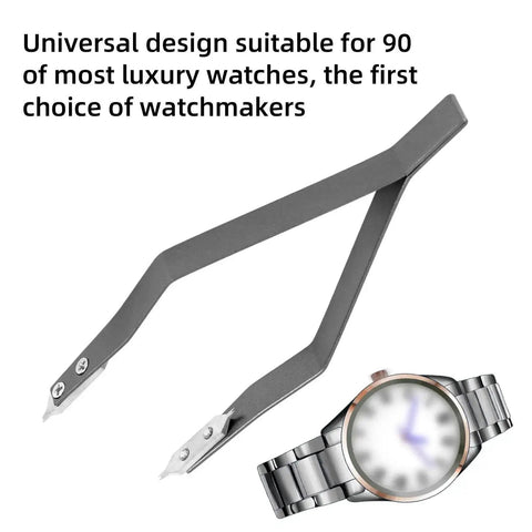 Watch Spring Bar Tweezers Set Made From Aluminum Alloy Precision Pliers Kit shown with a watch for band strap adjustments.