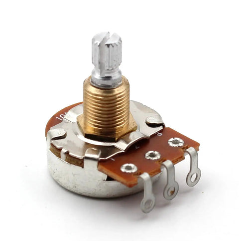 Four Pack Of 500K Short Split Shaft Audio Taper Potentiometers For Guitars With Low Friction Rotation And Three Eighths Inch Imperial Bushings Includes Hardware With 2 Nuts Dress Washer And Lock Washer Bourns