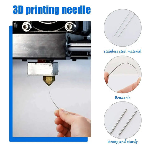 Hand holding 0.4 mm stainless steel needle from Bulk 50 Pieces 3D Printer Nozzle Cleaning Kit, showing bendability and strength