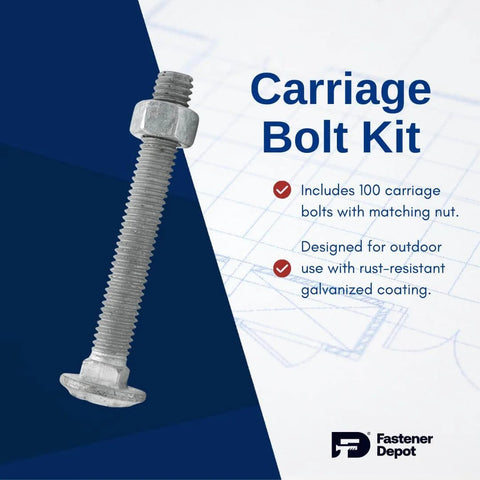 5/16-18 Inch Fully Threaded Hot Dipped Galvanized Carriage Bolt Kit For Exterior Projects with hex nut and washer visible