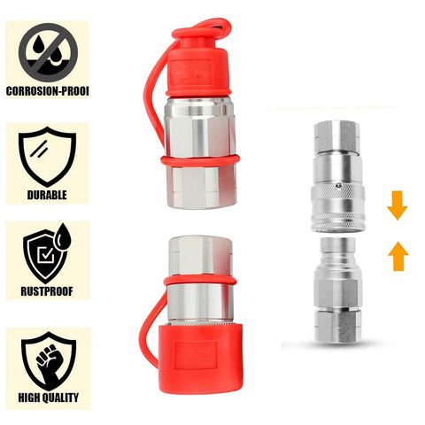 Two Wzytshun 1/2 in NPT skid-steer hydraulic quick-connect couplers with red dust caps, ISO16028 flat-face, 5076 PSI.