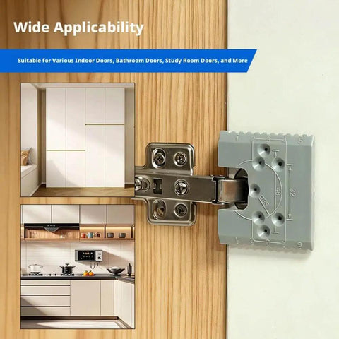 Cabinet Hinge Jig Kit For Quick, Precise Mounting, Pro Grade Auxiliary Tool And Fixing Plate Set shown installed on wood panel
