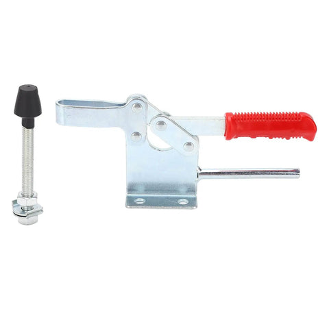 Beefy Heavy Duty Toggle Clamp With 881 Lb Holding Capacity And 220W Quick Release, metal with red handle, anti-slip tip.