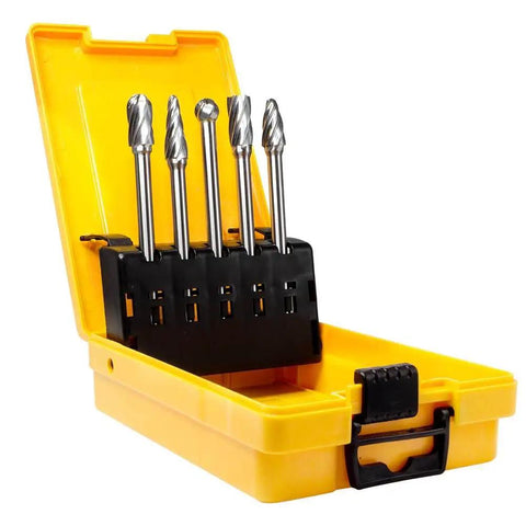 Five Piece One Quarter Inch Aluma Cut Carbide Burr Set With Four Point Four Inch Shank, Pro Grade Single Cut Tungsten Rotary Burrs