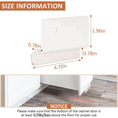 Hands Free Cabinet Foot Pull For Trash Cans And Doors Universal Mounting Kit, white, size details with cabinet installation diagram