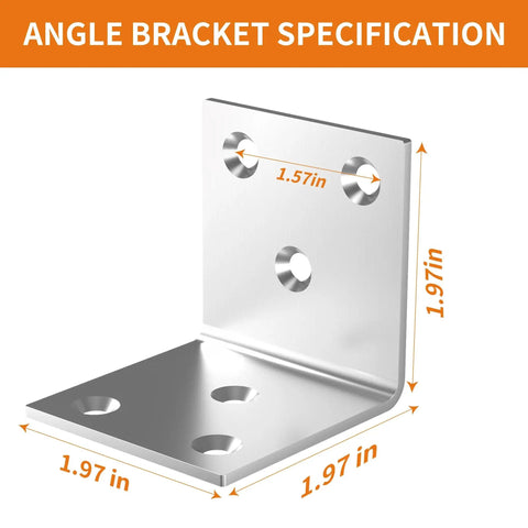 20 Pcs Stainless Steel L Brackets 2x2x2 Inch Heavy Duty Corner Braces with size measurements for wood frames and shelves