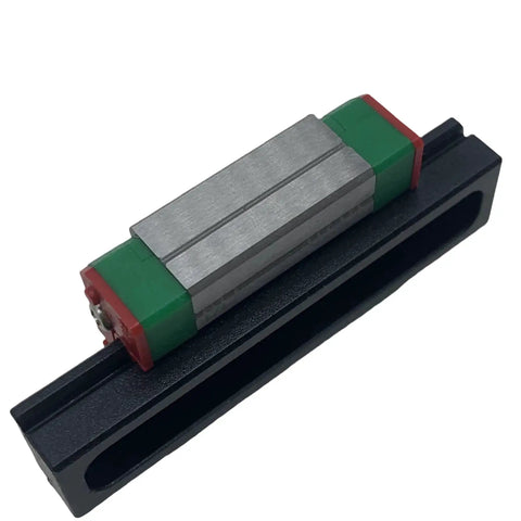 MGN12C Linear Guide Rail With Carriage And Slider For CNC Machines And 3D Printers Stainless Steel Anti Corrosion Block And Rail Gothic Arch Contact Design Delivers High Rigidity And Smooth Motion For Automation And Semiconductor Projects, showing a stainless steel block on a black rail.