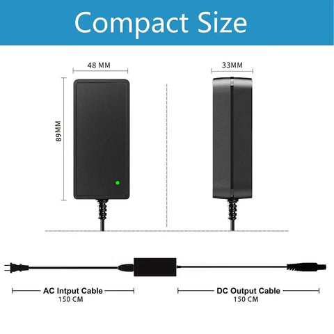 Diagram showing dimensions of 30V AC Adapter Charger For Medicool Pro Power 20k And Pro Power Flex PPFLEX, with input and output cable details.