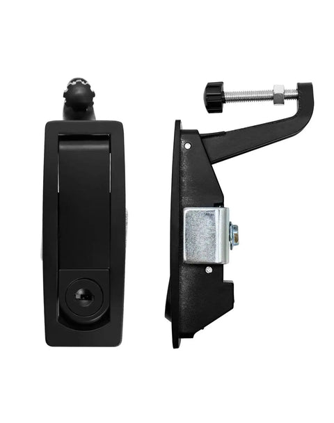 Front and side view of Large Hand Operated Compression Latch With Push Button Actuation For Marine Use, black corrosion-resistant material.