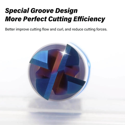 Close-up of a special groove design on a Pro Grade 5mm Nano Coated Tungsten Carbide End Mill With Four Flute Micro Grain for CNC Milling.