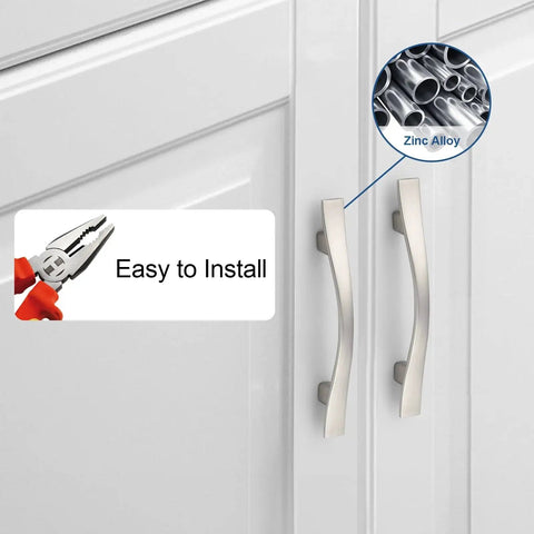 Solid Zinc Alloy Drawer Knob And Pull Set In Satin Nickel Finish for cabinets with modern bridge style handles, easy to install.