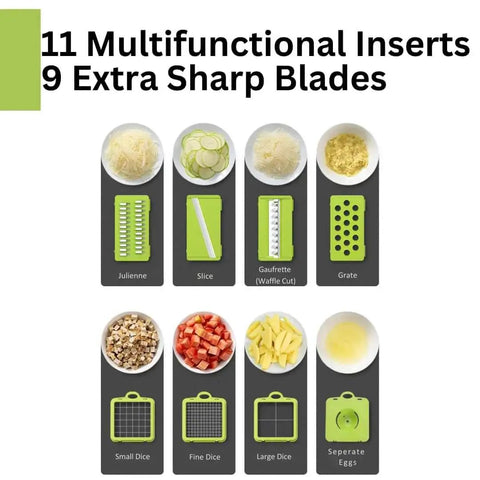 All In One Vegetable Chopper And Prep Station With 15 Functions And 10 Interchangeable Blades Including Mandoline Slicer Cheese Grater Egg Separator Built In Cutting Board And Storage Container For Effortless Meal Prep And A Real Time Saver showing multiple blade inserts