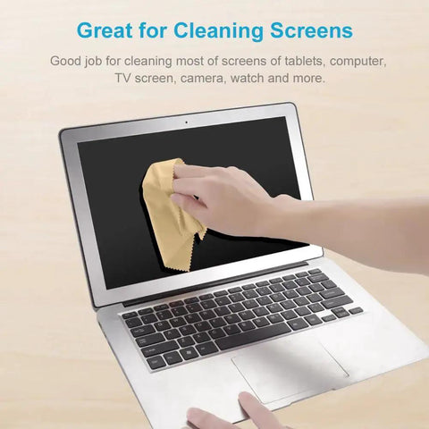 Person using a yellow microfiber cloth to clean a laptop screen, showcasing Eight Pack Microfiber Cleaning Cloths for Glasses and Screens 6x7 Inches.