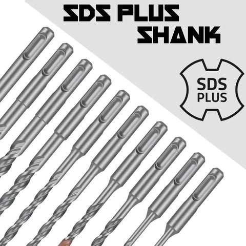 SDS Plus Rotary Hammer Drill Bit Set Ten Pack Carbide Tipped For Concrete And Masonry Drilling, showing shank design.