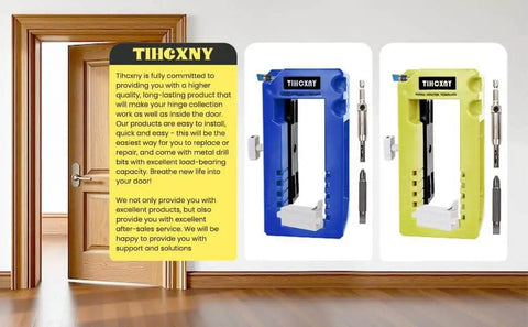 Blue Door Hinge Jig And Router Template For 3 To 5 Inch Hinges displayed next to a door, showcasing precision and radius options.