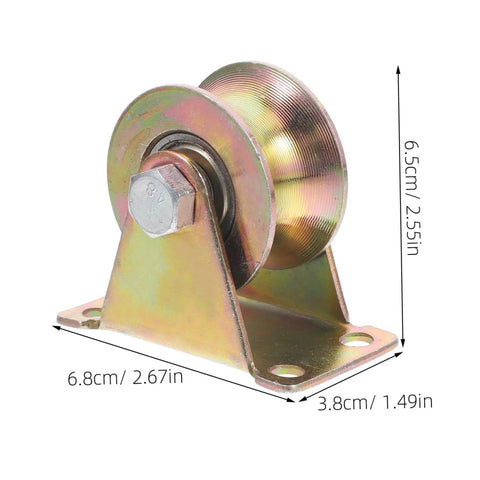 Two Pack Heavy Duty Track Pulley Wheels For Sliding Doors Built Tough Easy Install Ideal For Garage Doors And Industrial Use Lifting Pulley And Ceiling Mount Pulley Included Durable And Vibration Reducing with dimensions labeled.