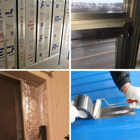 Aluminum foil duct tape, four-panel collage, 2 in x 70 yd heavy-duty HVAC tape for ducts and metal repairs.