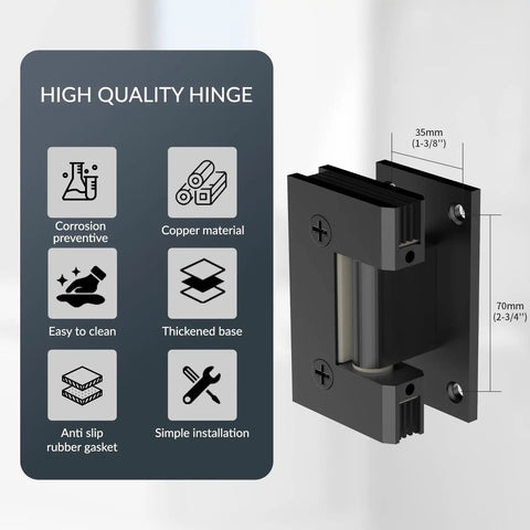 Heavy Duty 90 Degree Glass Shower Door Hinges In Solid Brass Black Finish Replacement Hardware For Five Sixteenth Inch To One Half Inch Tempered Glass Two Pack Ideal For Frameless Shower Enclosures, shown with dimensions and feature icons against a white background