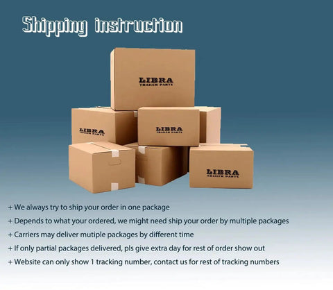 Stack of LIBRA trailer parts cardboard boxes on a blue gradient background with shipping instructions.