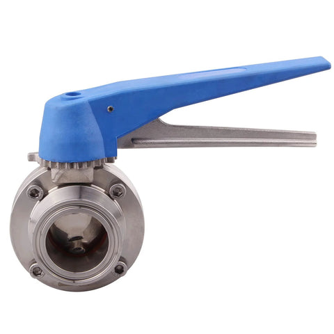Side view of butterfly valve with blue trigger handle, stainless steel 304, 1.5 inch tri-clamp.