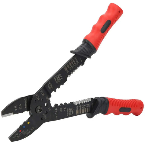 Multi Function Terminal Crimping Tool with Stripper and Wire Cutter, ergonomic red grip, carbon steel blades for electrical work.