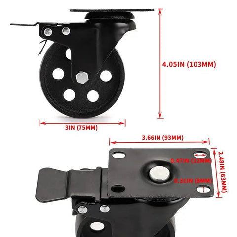 Three Inch Plate Caster Wheel Set With Cast Iron Swivel Plate Casters And Dual Locking, measurements and features visible