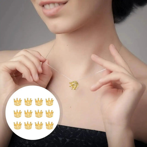 Person wearing a necklace with Dope Vintage Style Crown Charms Set, 50 pcs alloy gold tone crown pendants shown in inset.