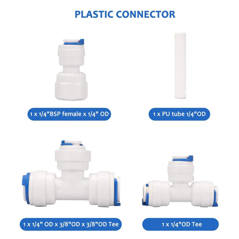 Plastic RO connector set with blue tabs; includes 1/4" BSP female x 1/4" OD, PU tube 1/4" OD, and tees.