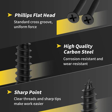 Diagram of Flat Head Phillips Wood Screws Size Eight By One And A Half Inch, 80 Pack, Self Tapping Black Carbon Steel details.