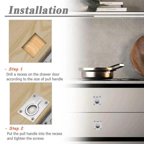 Installation steps for Two Pack Stainless Steel Flush Ring Pull Handles For Marine Hatches Cabinets And Doors with eight screws.