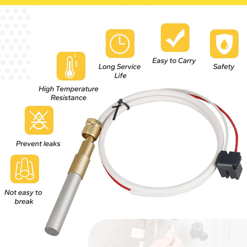 Water heater thermopile with brass sensor tip, white insulated cable, and black connector.