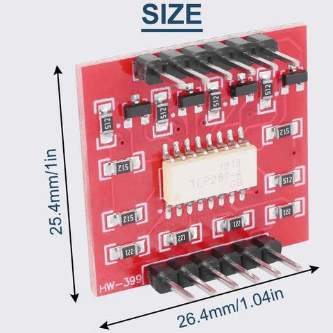 Five-Piece Four-Channel Optocoupler Isolation Module With TLP281 ICs for Arduino showing size dimensions, red PCB board