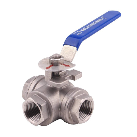 DERNORD 3-way ball valve, stainless steel 304, 1/2 in NPT female ports, blue vinyl locking handle