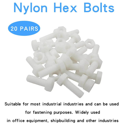 Twenty Pair M10 By 30mm Nylon Hex Bolts And Nuts Set For DIY Full Thread Hex Head Screws White Plastic Bolts With Nuts