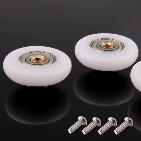 4 Pcs Shower Door Rollers Runners Wheels 19mm Replacement Part For Bathroom Glass Sliding Shower Doors Roller Wheel Set With Copper POM Wheel And Stainless Steel Screws For Corrosion Resistance And Superior Stability, close-up view showing wheels and screws.