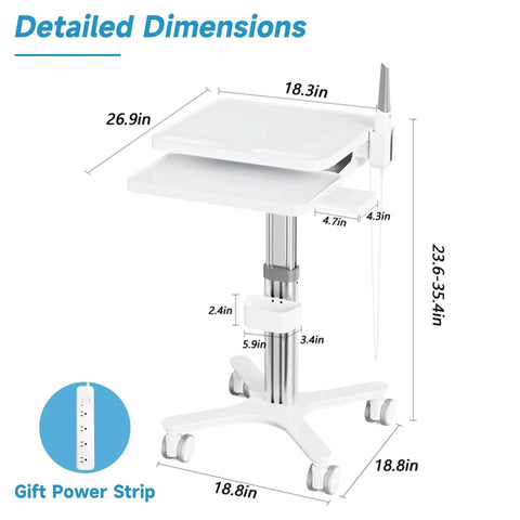 Dental clinic trolley cart with oral scanner holder, two white trays, aluminum alloy stand, mobile with brakes.