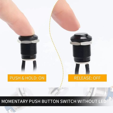 Demonstration of a 12mm Momentary Push Button Switch Waterproof IP65 Black Aluminum Alloy Shell Pre Wired Without LED in action