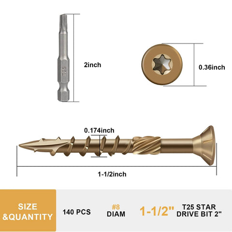 Go-To One And A Half Inch Size 8 Deck Screws With Golden Brown Epoxy Coating For Outdoor Wood, Torx T25 Star Drive